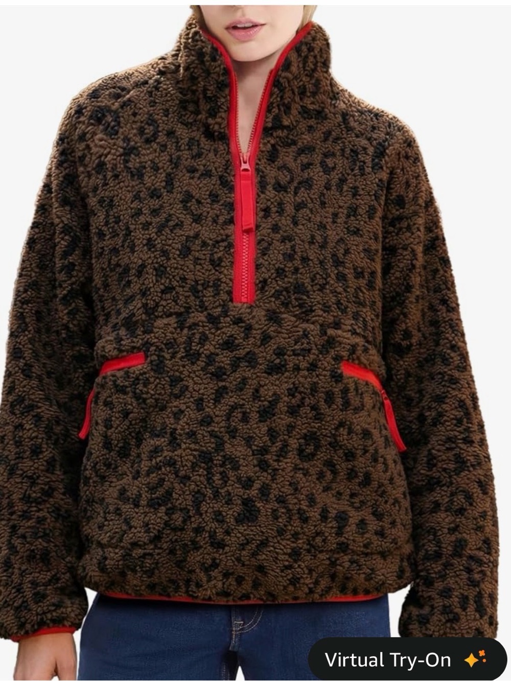 Leopard-Print Sherpa Half-Zip Pullover with Red Trim